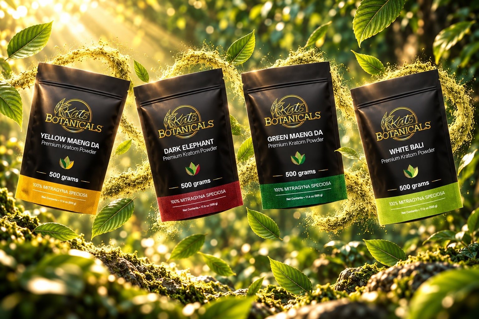 Kats Botanicals kratom strain pouches floating among kratom leaves